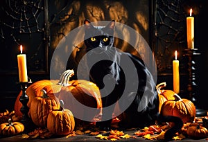 Halloween illustration with a black cat and pumpkins