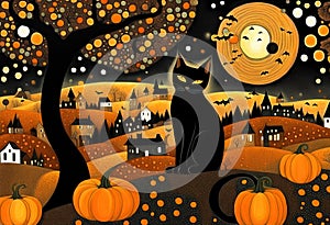 Halloween illustration with a black cat in a small cute town, bats and pumpkins