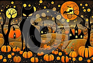 Halloween illustration with a black cat in a small cute town, pumpkins and bats