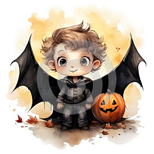 Halloween illustration of a boy in a vampire costume with a pumpkin. Watercolor cartoon illustration