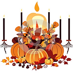 Halloween with candles, pumpkins and autumn leaves. Vector . Generative AI