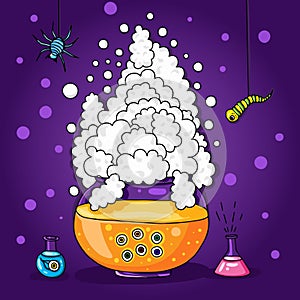 Halloween illustration for cards, posters. Large boiler, cauldron. The glass pot. The magic potion, love potion, witchcraft.