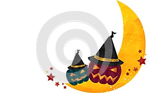 Halloween Illustration: Crescent Moon and Jack O`Lantern with Hat