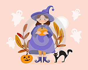 Halloween illustration, cute little cartoon witch with pumpkin, black cat and ghosts. Children\'s print vector