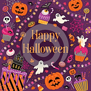 Halloween illustration. Decorated cupcakes, muffins, pastries sweets candies Vector template for banner, card, poster