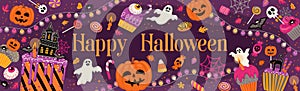 Halloween illustration. Decorated cupcakes, muffins, pastries sweets candies Vector template for banner, card, poster