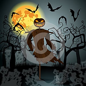 Halloween illustration with evil scarecrow, full Moon and bats