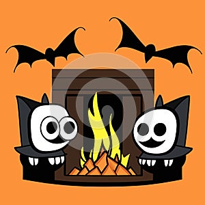 Halloween illustration with fireplace and bats. Vector illustration in cartoon style. Generative AI