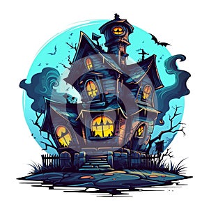 Halloween illustration of haunted house in cartoon style. AI Generated illustration