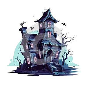 Halloween illustration of haunted house in cartoon style. AI Generated illustration