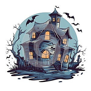 Halloween illustration of haunted house in cartoon style. AI Generated illustration