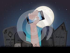 Halloween illustration with his mobile phone hand