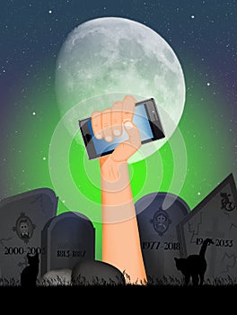 Halloween illustration with his mobile phone hand