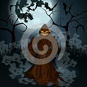 Halloween illustration with Jack OLantern, full Moon and bats