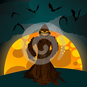 Halloween illustration with Jack OLantern, full Moon and bats