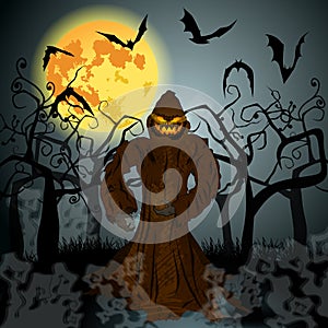 Halloween illustration with Jack OLantern, full Moon and bats photo