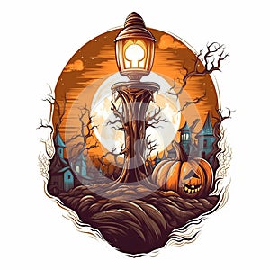 Halloween illustration with a lantern, pumpkins and trees. AI Generated