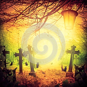 Halloween illustration night cemetery Old graves cats lanterns