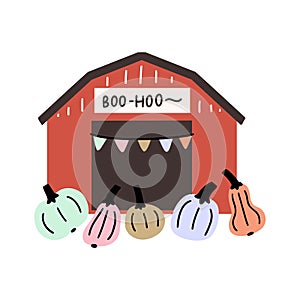 Halloween illustration of a pumpkin patch barn with a garland and pumpkins.