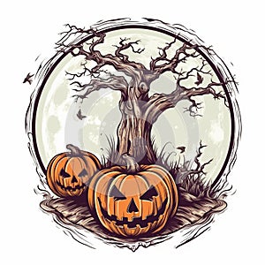 Halloween illustration pumpkins and trees. AI Generated