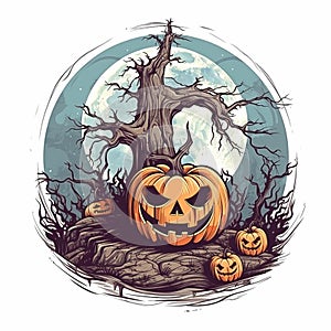 Halloween illustration pumpkins and trees. AI Generated