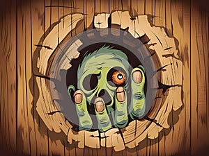 halloween illustration of a scary zombie hand with a skull and a wooden sign in the background