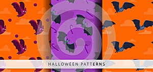 Set of Halloween seamless pattern with bats and Halloween sweets.