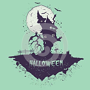 Halloween illustration. The silhouette of witchs house on tree