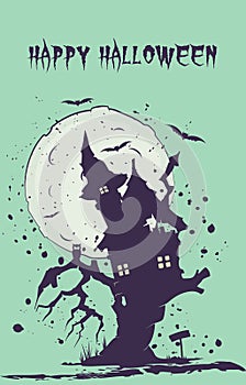 Halloween illustration. The silhouette of witchs house on tree photo