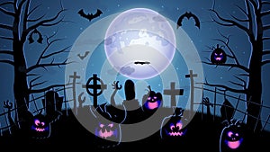 Halloween illustration with silhouettes of Halloween pumpkins, spooky tree, vintage haunted house, and bats