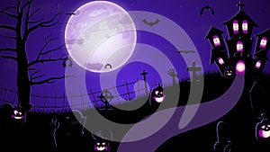 Halloween illustration with silhouettes of Halloween pumpkins, spooky tree, vintage haunted house, and bats