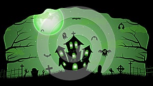 Halloween illustration with silhouettes of Halloween pumpkins, spooky tree, vintage haunted house, and bats