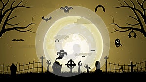 Halloween illustration with silhouettes of Halloween pumpkins, spooky tree, vintage haunted house, and bats