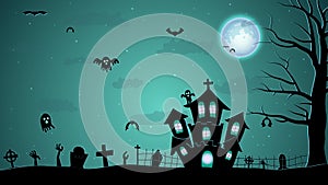Halloween illustration with silhouettes of Halloween pumpkins, spooky tree, vintage haunted house, and bats