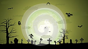 Halloween illustration with silhouettes of Halloween pumpkins, spooky tree, vintage haunted house, and bats