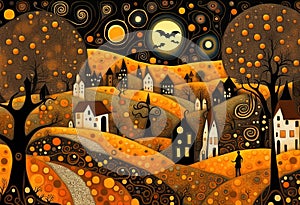 Halloween illustration with a small cute town and bats