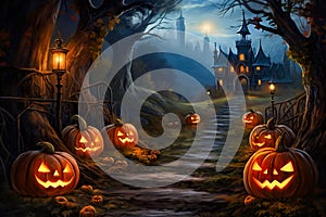 Halloween illustration of spooky pumpkins lighting the way along a creepy path to a haunted old house generative AI