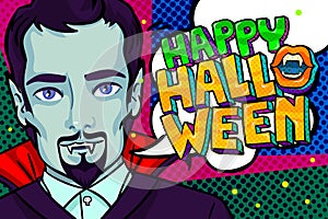 Halloween illustration. Vampire with fangs and Happy Halloween Message