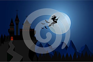 Halloween illustration witch flying under hills , dark castle wi