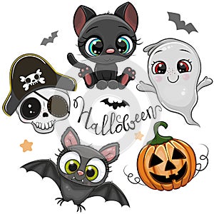 Halloween illustrations and design elements with batl, black cat and goat