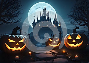 Halloween image with AI generation, scary pumpkins candles in the graveyard of castle background.