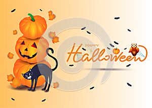 Halloween image with black cat, pumpkins, owl and text.