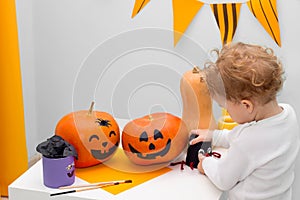 Halloween indoor activity kids craft. Toddler making Handmade decoration. Reuse concept