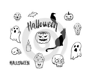 Halloween ink sketches set vector