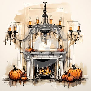 Halloween Inspired Interior Design With Chandelier And Mantle