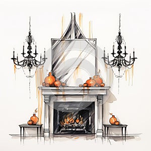 Halloween Inspired Interior Design With Chandelier And Mantle