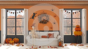 Halloween interior design, living room with skeleton sitting on the sofa in orange and gray tones. Panoramic windows on autumnal