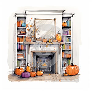 Halloween Interior Design Sketch: Fireplace With Pumpkin Decorations And Bookcase