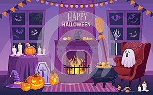 Halloween interior. Magic house party celebration indoors scary home, messy room horror decorative object, chair night