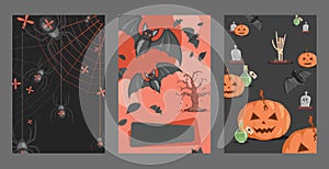 Halloween invitation cards design. Spiders on webs, bats, poisons, graves, pumpkins vector flat cartoon illustration.